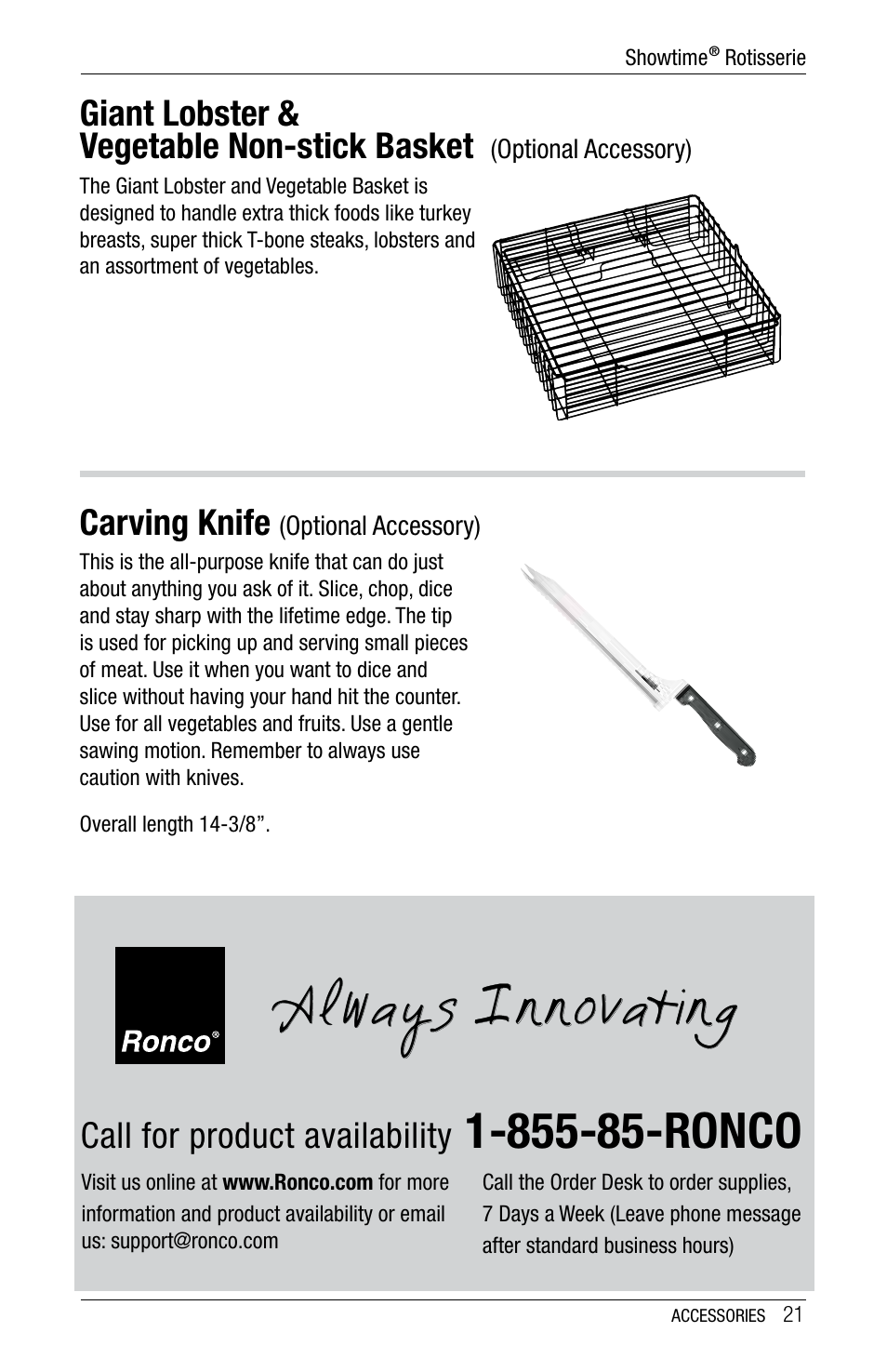 A l ways, Nnovating, Giant lobster & vegetable non-stick basket | Carving knife, Call for product availability | Ronco 5500 Series Stainless Rotisserie Oven User Manual | Page 21 / 32