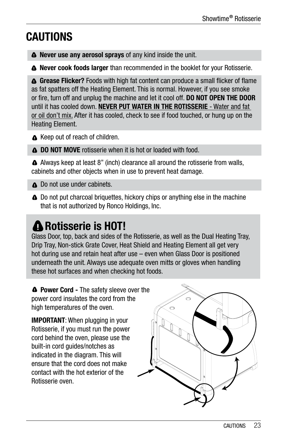 Cautions rotisserie is hot | Ronco 5500 Series Stainless Rotisserie Oven User Manual | Page 23 / 32