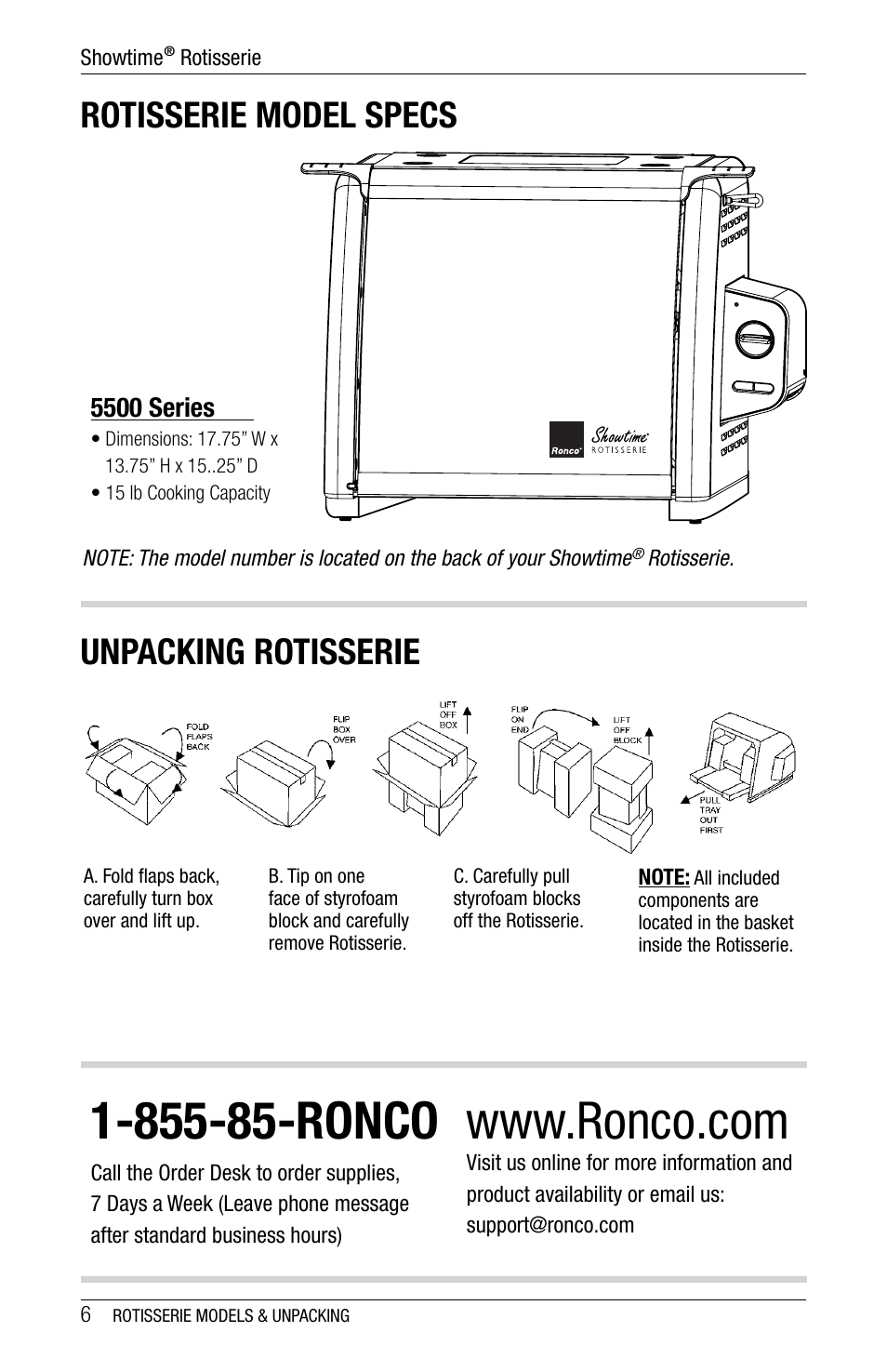 Rotisserie model specs, Unpacking rotisserie | Ronco 5500 Series Stainless Rotisserie Oven User Manual | Page 6 / 32