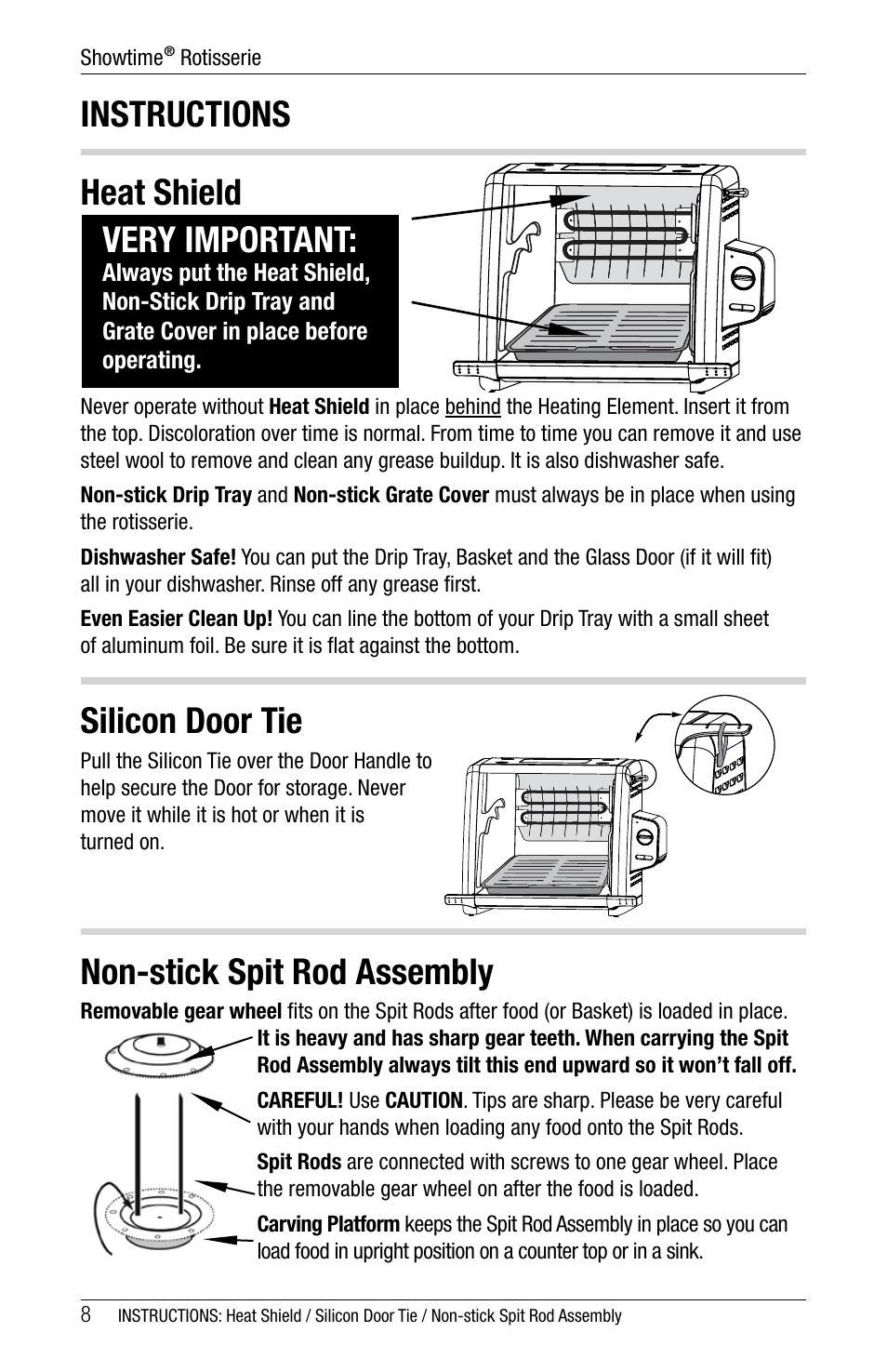 Instructions heat shield, Silicon door tie, Non-stick spit rod assembly | Very important | Ronco 5500 Series Stainless Rotisserie Oven User Manual | Page 8 / 32