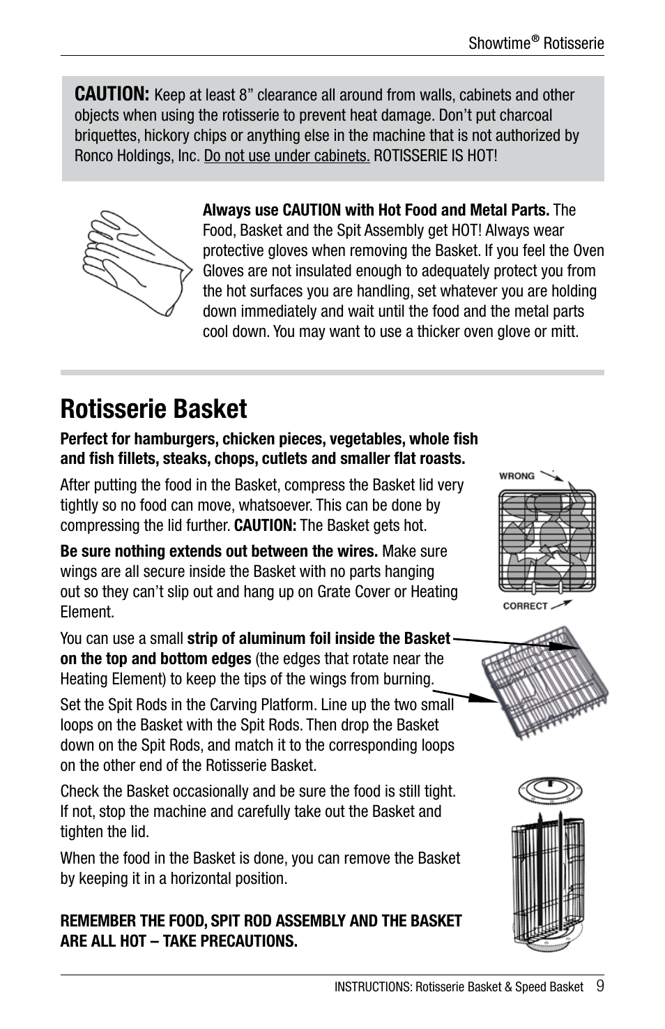 Rotisserie basket, Caution | Ronco 5500 Series Stainless Rotisserie Oven User Manual | Page 9 / 32
