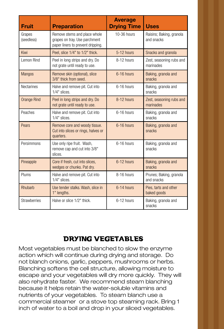 Drying vegetables, 14 fruit preparation average drying time uses | Ronco EZ-Store 5-Tray Turbo Dehydrator User Manual | Page 16 / 44