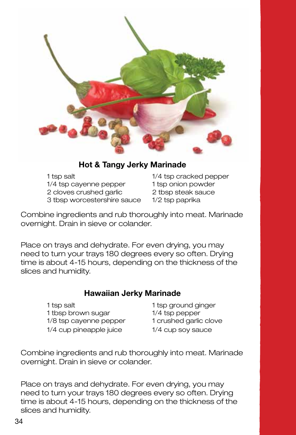 Hot & tangy jerky marinade, Hawaiian jerky marinade | Ronco EZ-Store 5-Tray Turbo Dehydrator User Manual | Page 36 / 44