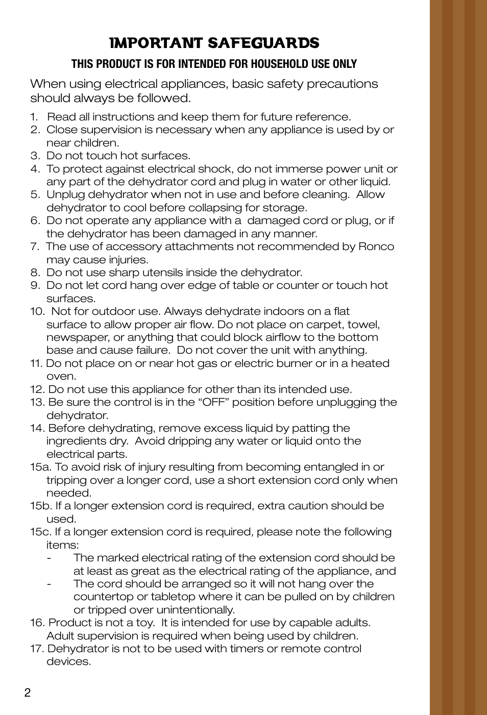 Important safeguards | Ronco EZ-Store 5-Tray Turbo Dehydrator User Manual | Page 4 / 44
