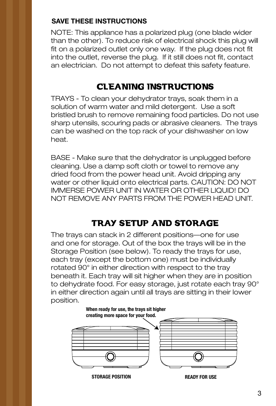 Cleaning instructions, Tray setup and storage | Ronco EZ-Store 5-Tray Turbo Dehydrator User Manual | Page 5 / 44