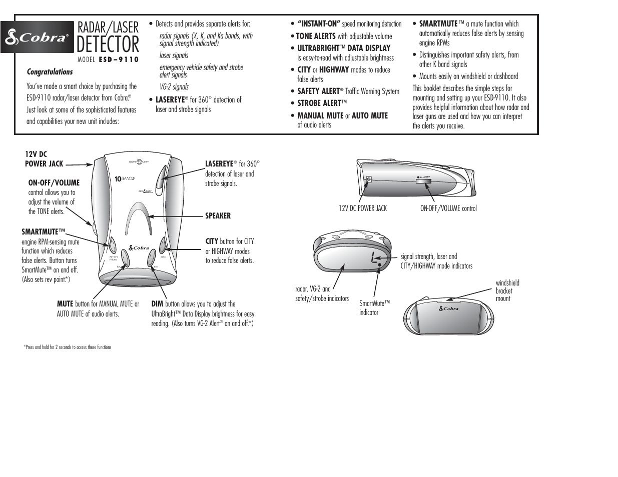 Detector, Radar/laser | Cobra Electronics ESD-9110 User Manual | Page 2 / 16