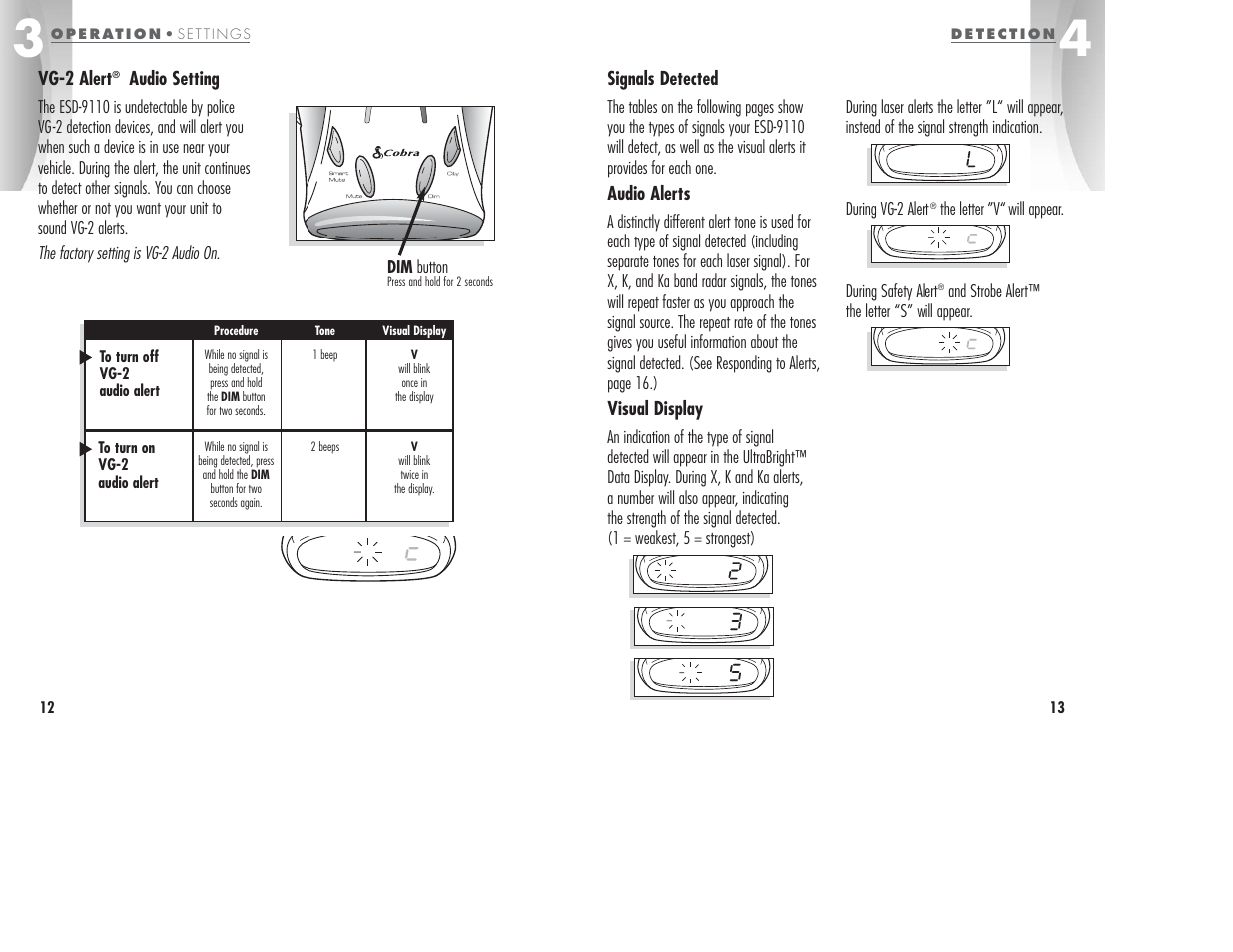 Vg-2 alert, Audio setting, Signals detected | Audio alerts, Visual display | Cobra Electronics ESD-9110 User Manual | Page 9 / 16