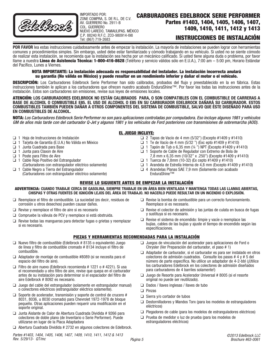 Carburadores edelbrock serie performer, Instrucciones de instalación | Edelbrock 14064 EnduraShine User Manual | Page 5 / 8