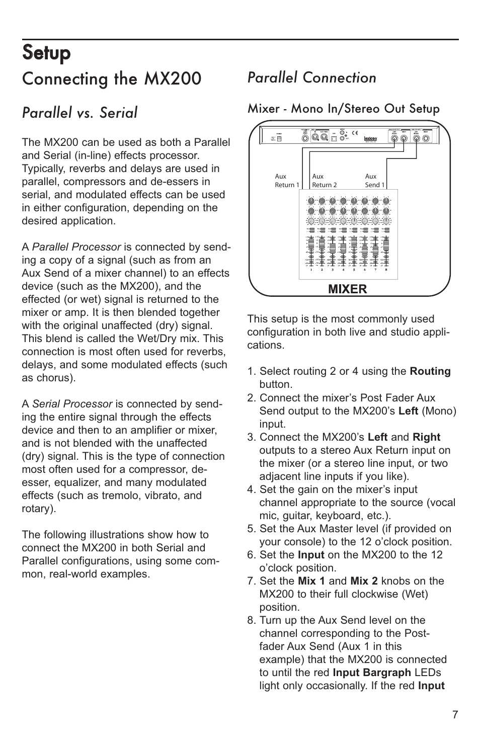 Setup, Connecting the mx200, Sseettuupp | Parallel vs. serial, Parallel connection | Lexicon MX200 User Manual | Page 13 / 48