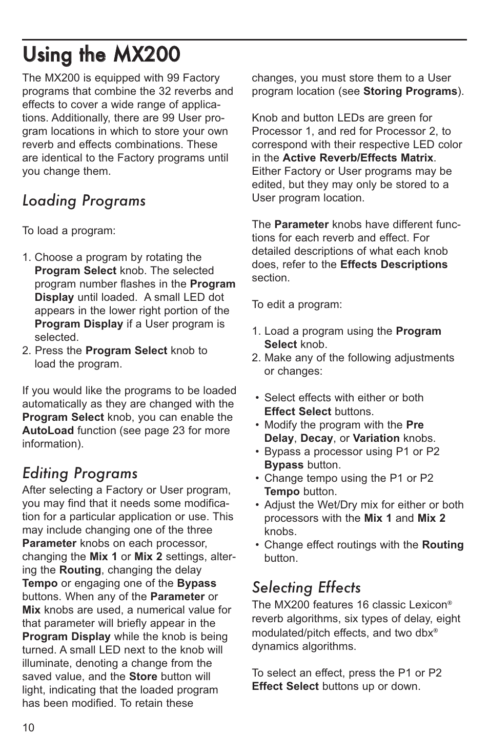 Using the mx200, Loading programs, Editing programs | Selecting effects | Lexicon MX200 User Manual | Page 16 / 48