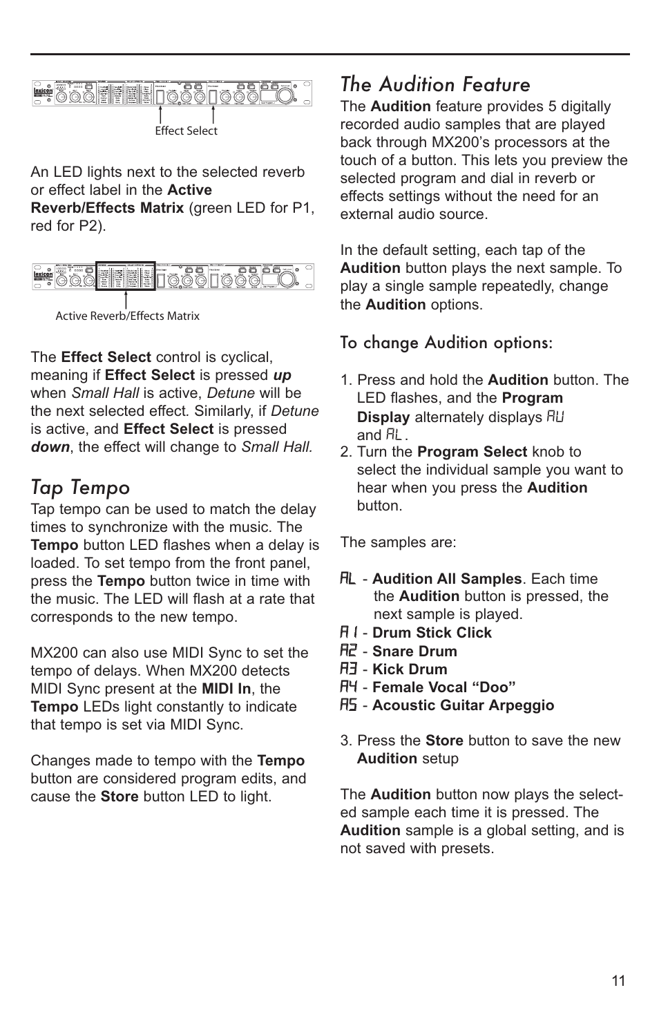 Tap tempo, The audition feature | Lexicon MX200 User Manual | Page 17 / 48