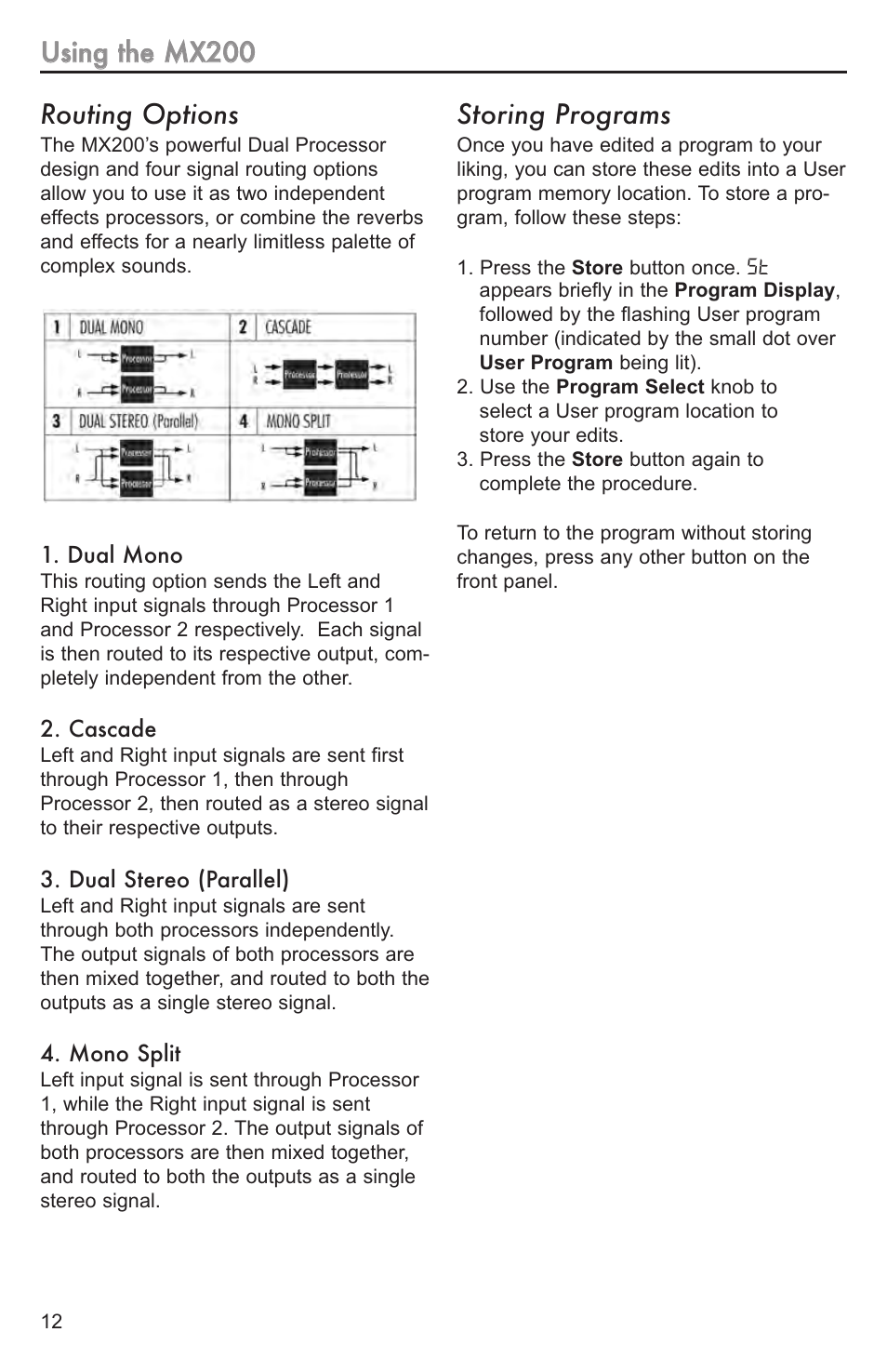 Routing options, Storing programs | Lexicon MX200 User Manual | Page 18 / 48