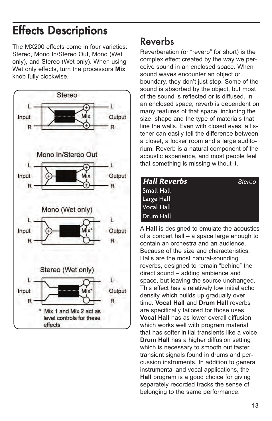 Effects descriptions, Reverbs, Hall reverbs | Lexicon MX200 User Manual | Page 19 / 48