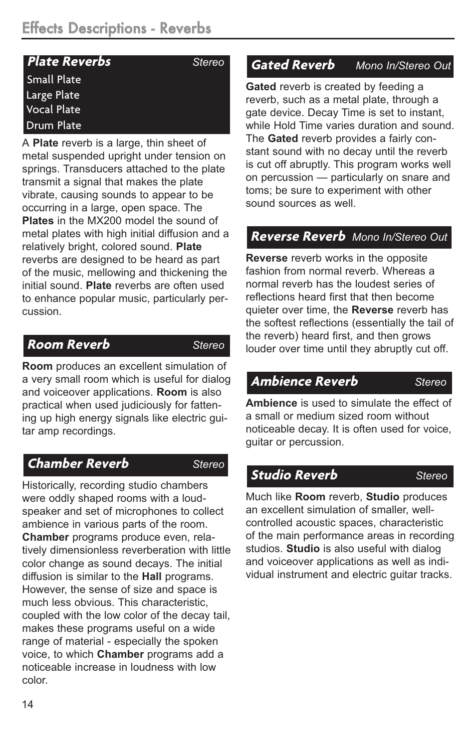 Studio reverb, Ambience reverb, Reverse reverb | Gated reverb, Chamber reverb, Room reverb, Plate reverbs | Lexicon MX200 User Manual | Page 20 / 48