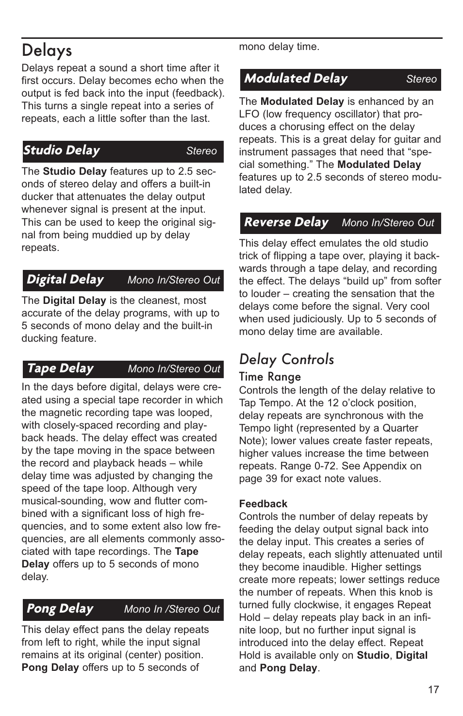 Delays, Reverse delay, Modulated delay | Pong delay, Tape delay, Digital delay, Studio delay, Delay controls | Lexicon MX200 User Manual | Page 23 / 48