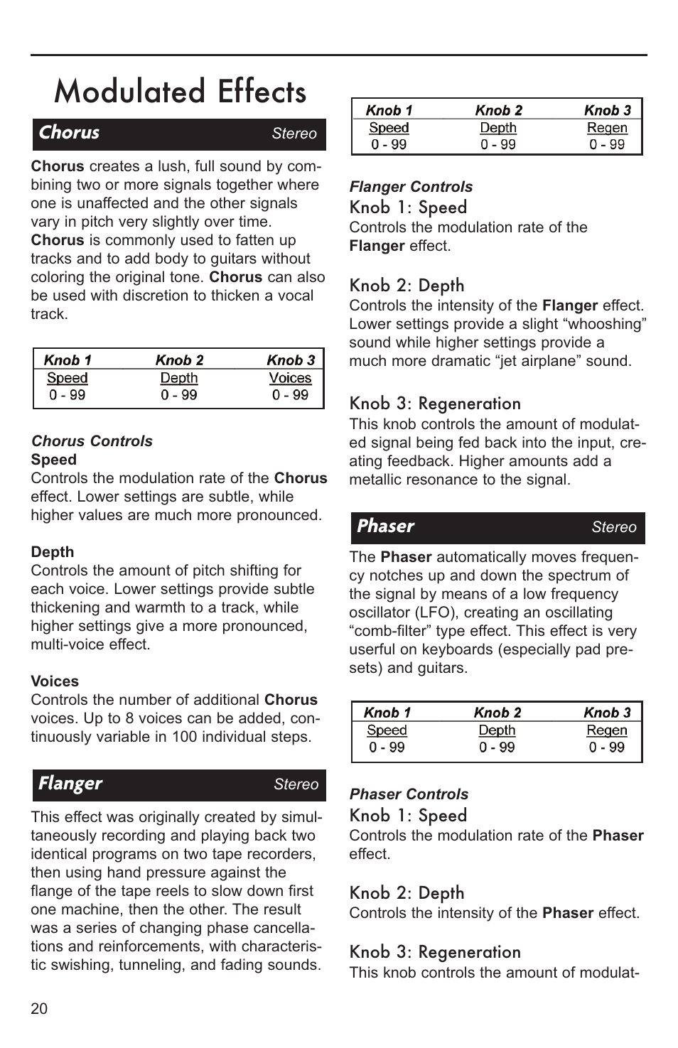 Modulated effects, Phaser, Flanger | Chorus | Lexicon MX200 User Manual | Page 26 / 48