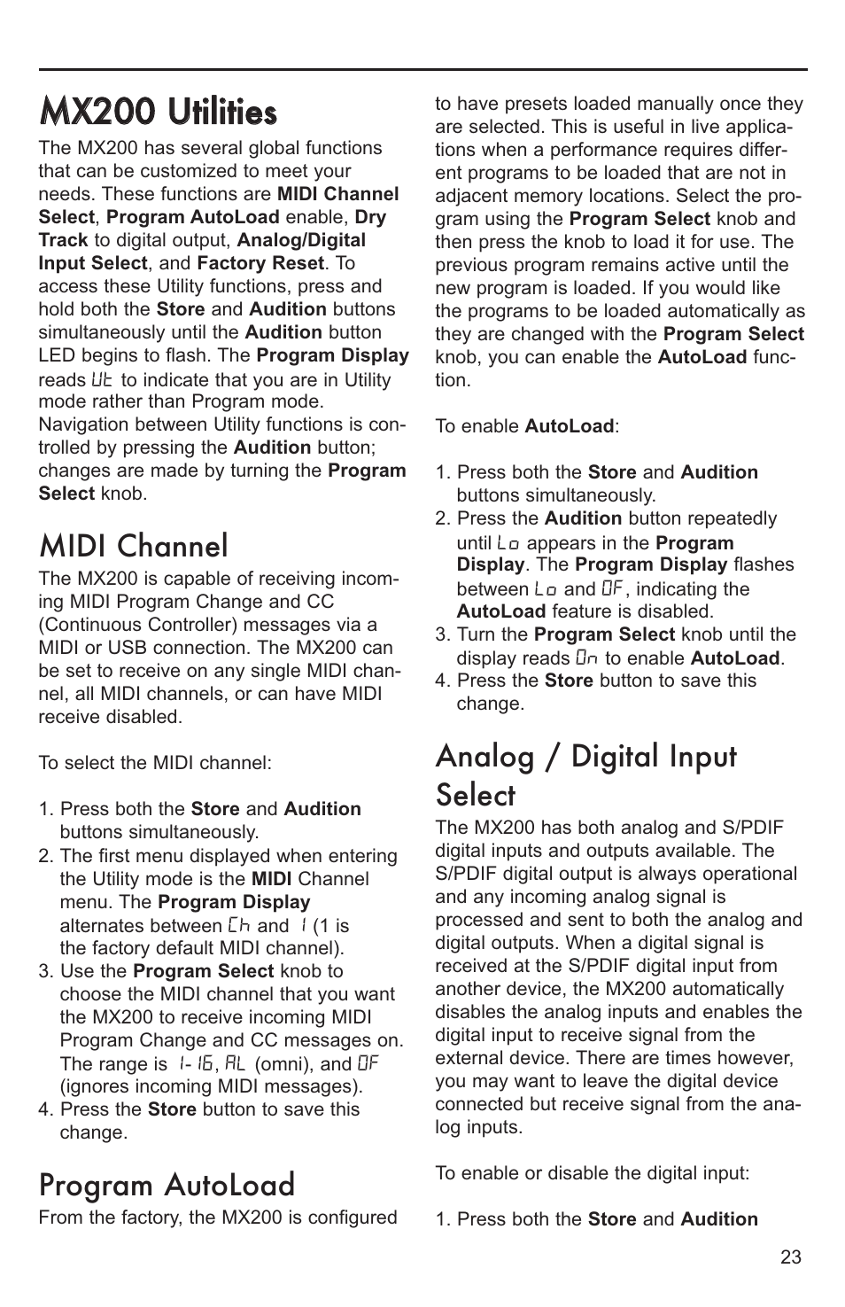 Mx200 utilities, Midi channe, Program autoloa | Analog / digital input selec, Midi channel, Program autoload, Analog / digital input select | Lexicon MX200 User Manual | Page 29 / 48
