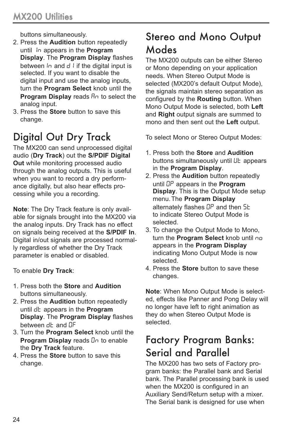 Digital out dry trac, Factory rese, Digital out dry track | Factory reset, Stereo and mono output modes, Factory program banks: serial and parallel | Lexicon MX200 User Manual | Page 30 / 48