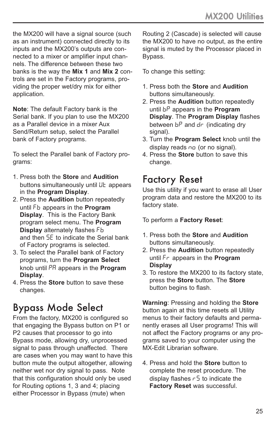 The mx-edit editor/librarian, Installing the mx-edit edito, Quick star | The mx-edit editor/librarian - windows, Installing the mx-edit editor/librarian software, Quick start, Bypass mode select, Factory reset | Lexicon MX200 User Manual | Page 31 / 48