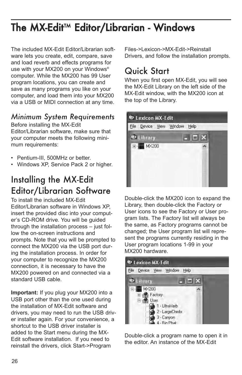 The mx-edit librar, Opening or creating a progra, The mx-edit library | Opening or creating a program, Tthhee m mxx--eeddiitt, Installing the mx-edit editor/librarian software, Quick start, Minimum system requirements | Lexicon MX200 User Manual | Page 32 / 48