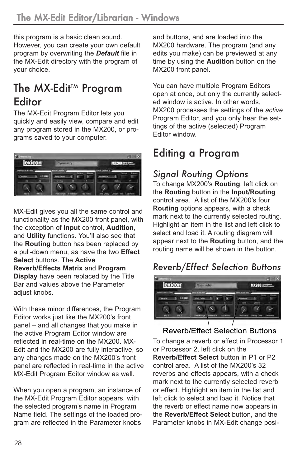 The mx-edit, Program editor, Editing a program | Signal routing options, Reverb/effect selection buttons | Lexicon MX200 User Manual | Page 34 / 48