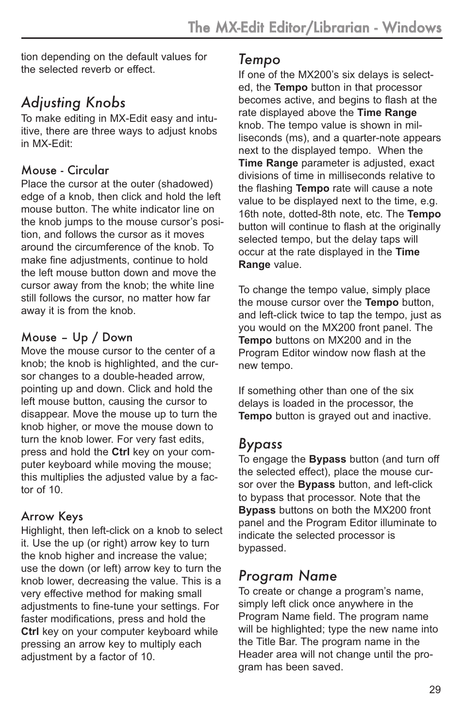 Saving a progr, Saving a program, Adjusting knobs | Tempo, Bypass, Program name | Lexicon MX200 User Manual | Page 35 / 48