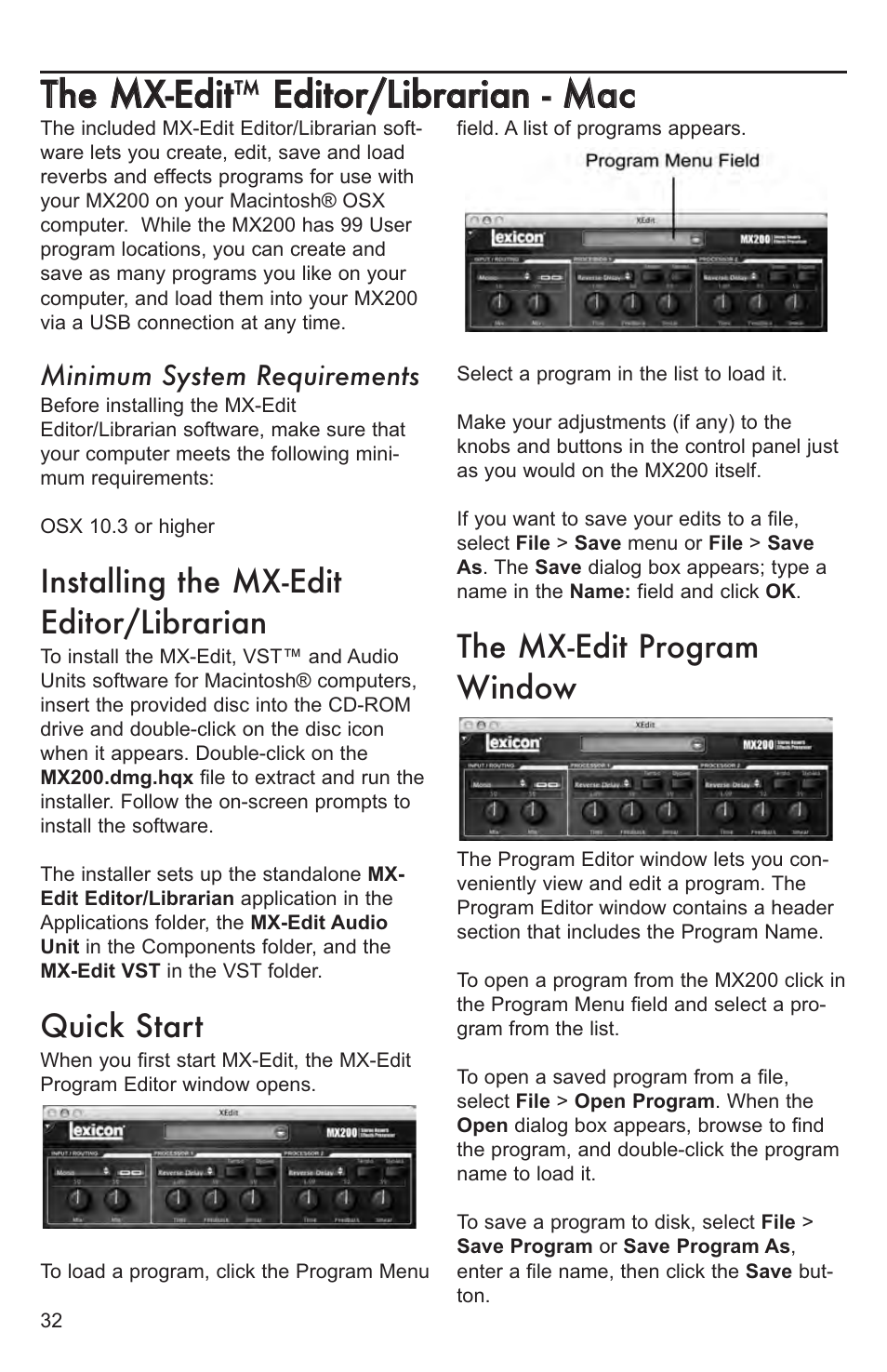 Editing a progra, Editing a program, Tthhee m mxx--eeddiitt | Eeddiittoorr//lliibbrraarriiaann -- m maacc, Installing the mx-edit editor/librarian, Quick start, The mx-edit program window, Minimum system requirements | Lexicon MX200 User Manual | Page 38 / 48