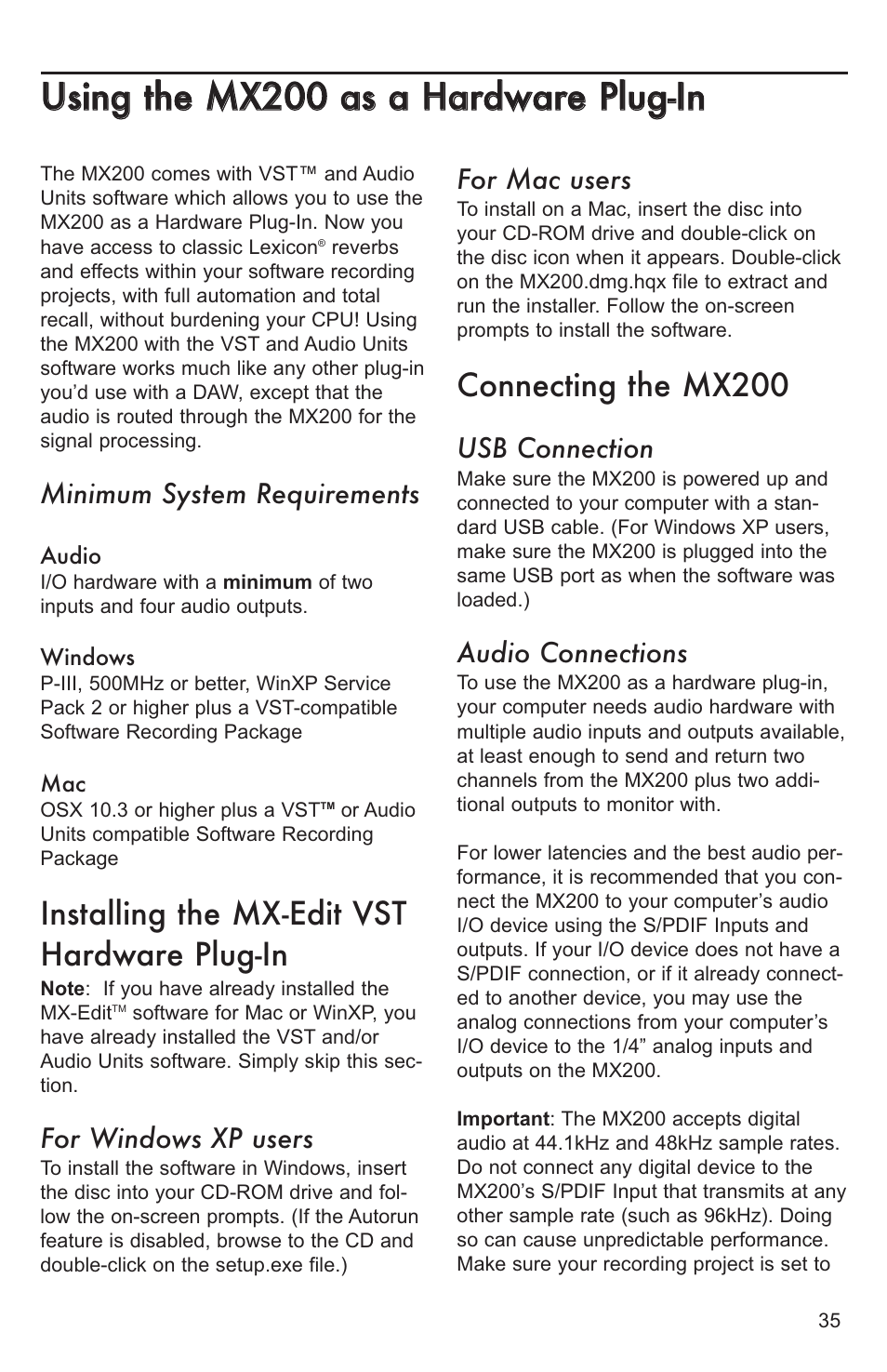 Software configuratio, Using the mx200 plug-in windo, Control | Software configuration, Using the mx200 plug-in window, Controls, Installing the mx-edit vst hardware plug-in, Connecting the mx200, Minimum system requirements, For windows xp users | Lexicon MX200 User Manual | Page 41 / 48