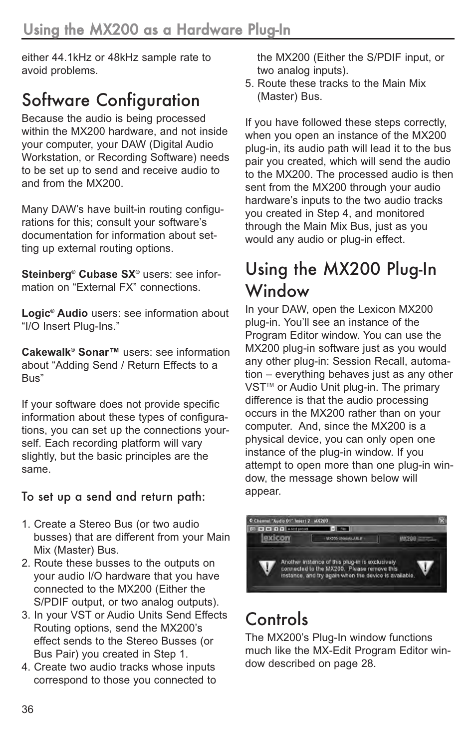 Midi port error messag, Midi port error message, Software configuration | Using the mx200 plug-in window, Controls | Lexicon MX200 User Manual | Page 42 / 48