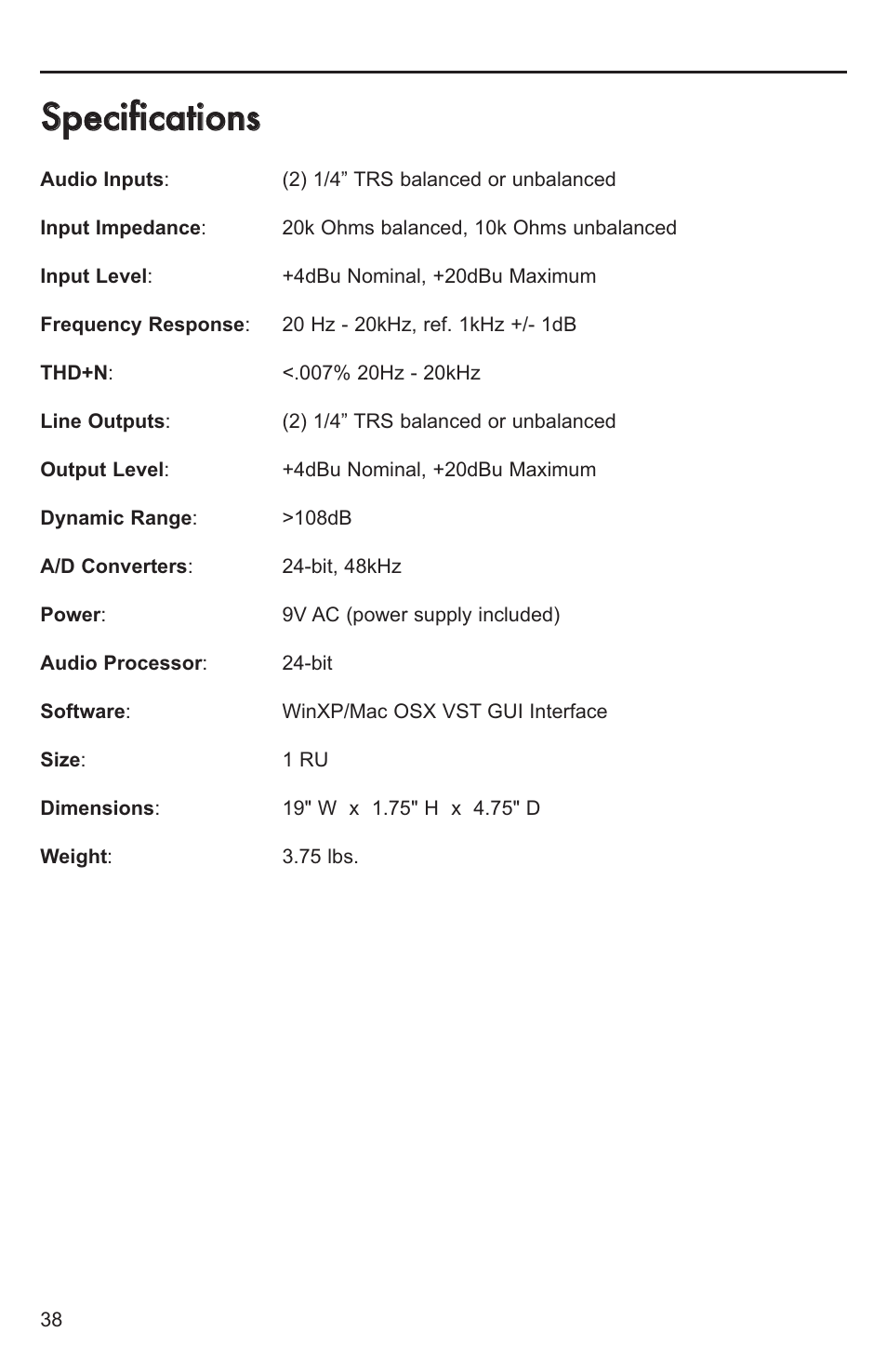 Specifications, Ssppeecciiffiiccaattiioonnss | Lexicon MX200 User Manual | Page 44 / 48