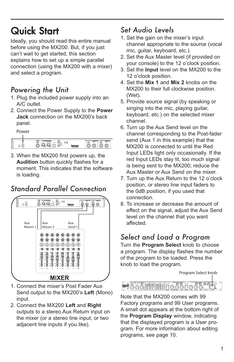 Qquuiicckk ssttaarrtt, Powering the unit, Standard parallel connection | Set audio levels, Select and load a program | Lexicon MX200 User Manual | Page 7 / 48