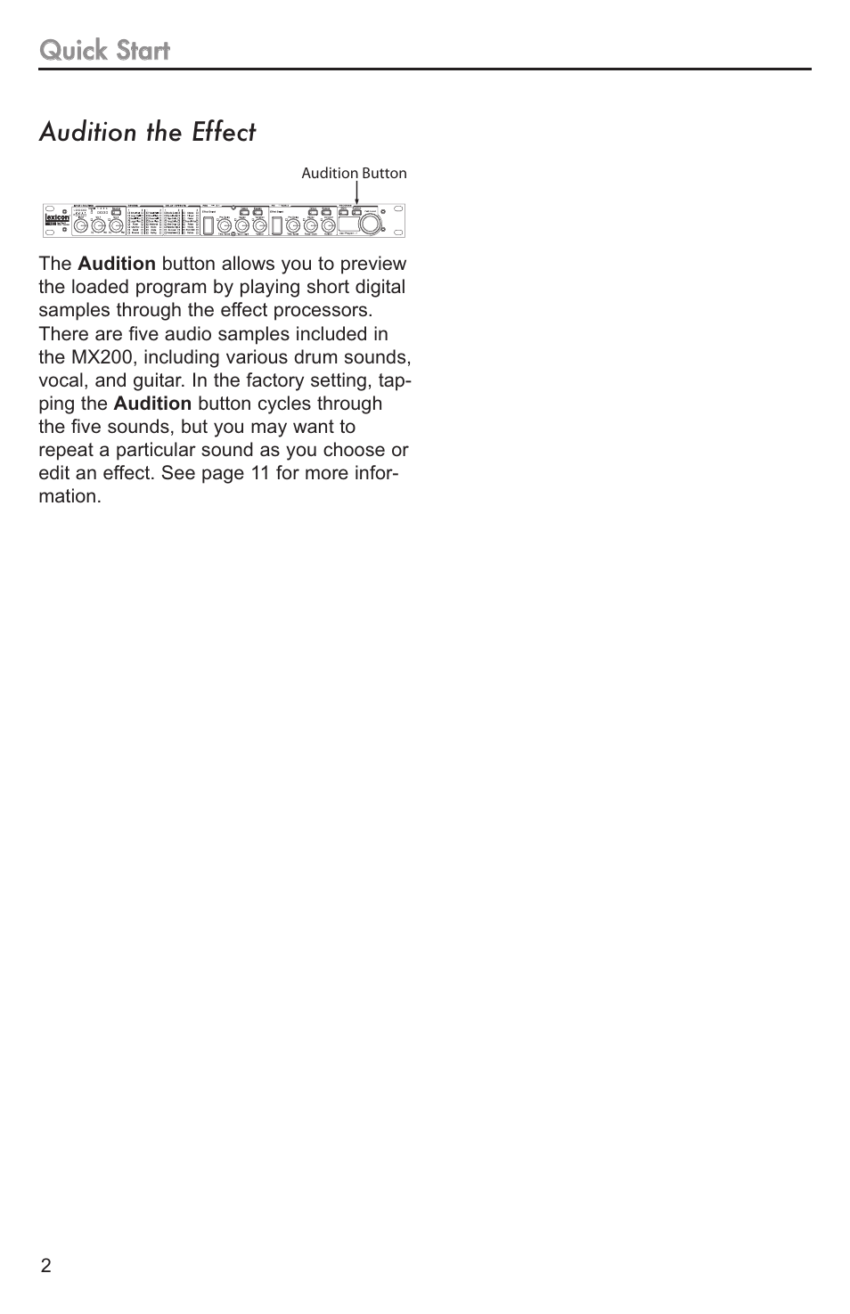 Qquuiicckk ssttaarrtt audition the effect | Lexicon MX200 User Manual | Page 8 / 48