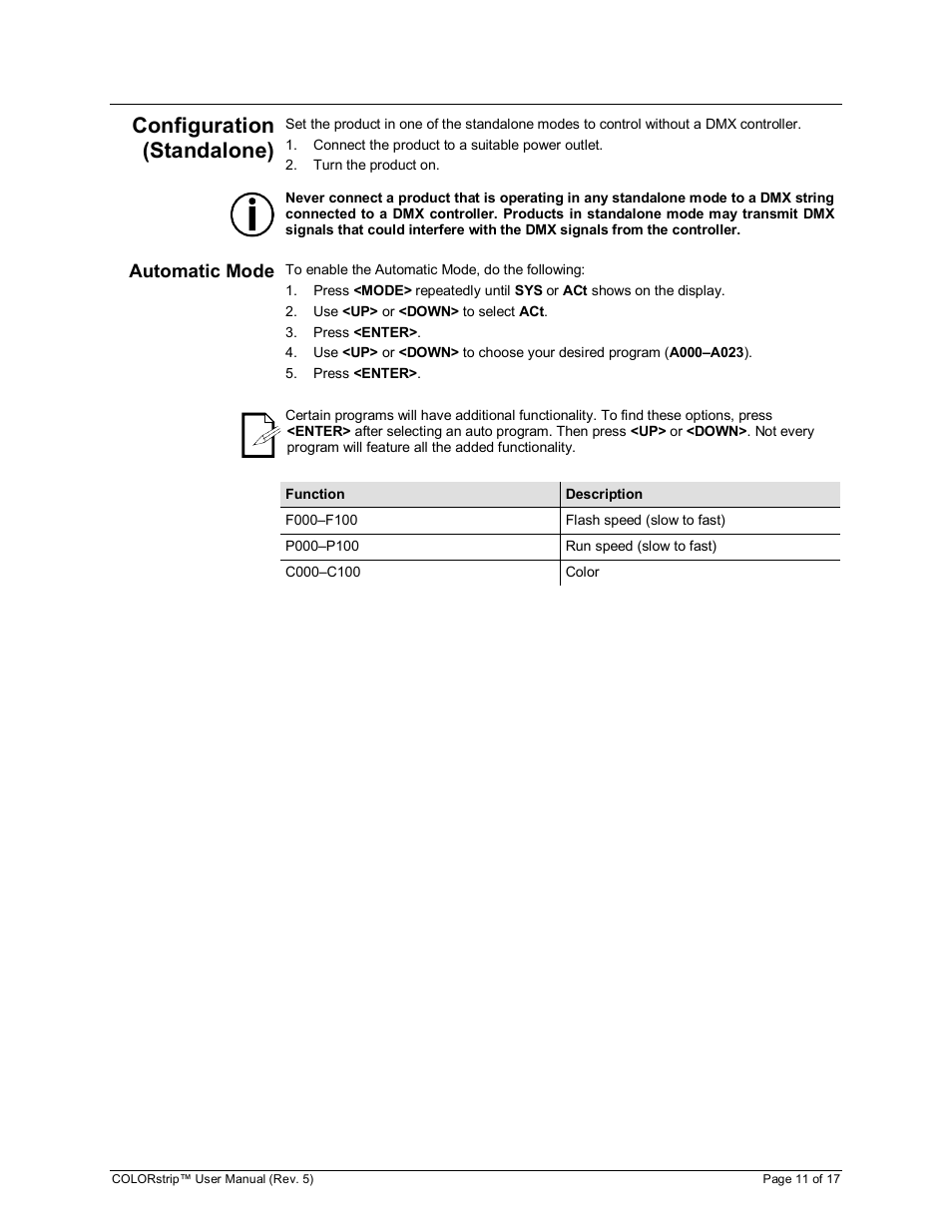 Configuration (standalone), Automatic mode | Chauvet COLORstrip User Manual | Page 11 / 17