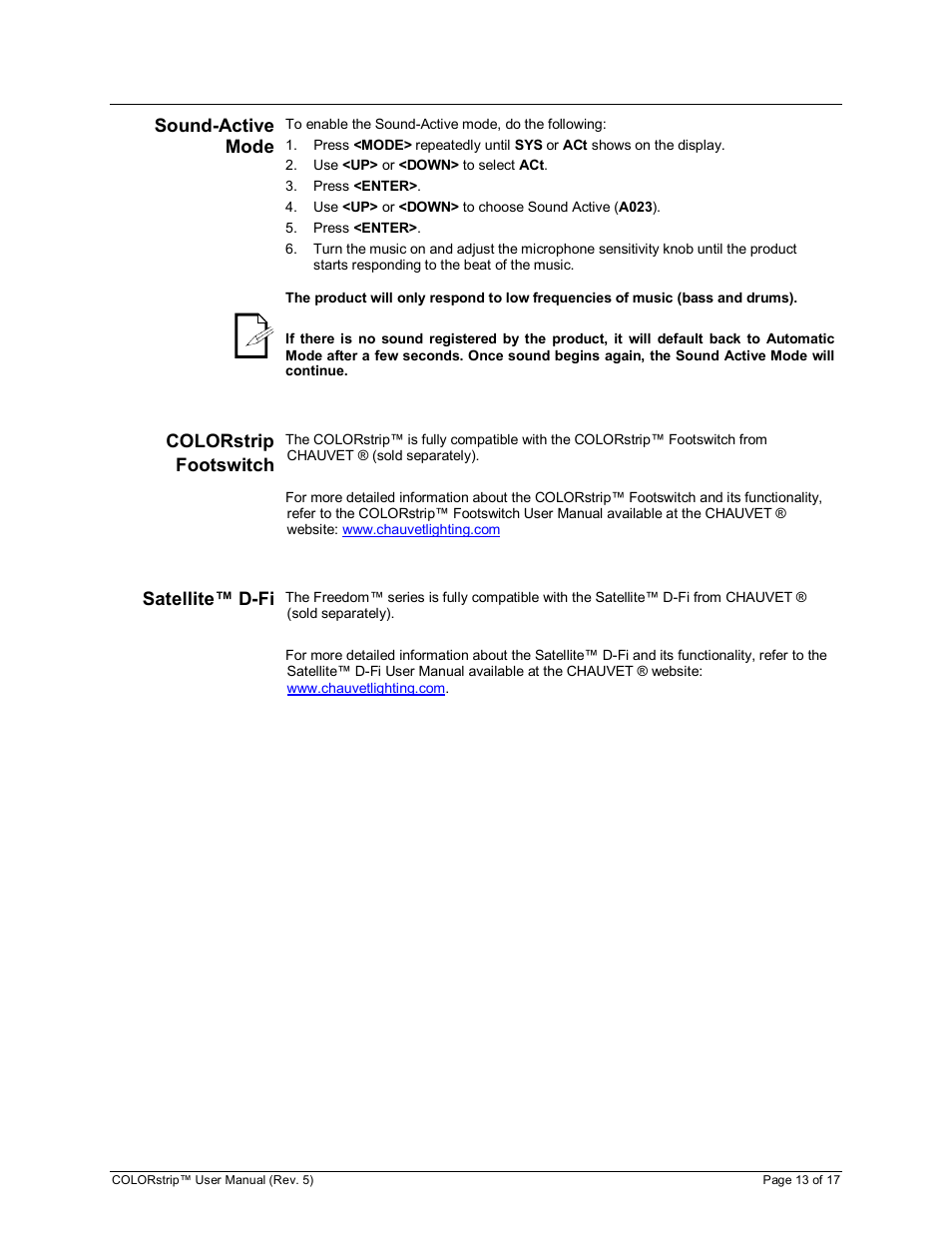 Sound-active mode, Colorstrip footswitch, Satellite™ d-fi | Chauvet COLORstrip User Manual | Page 13 / 17