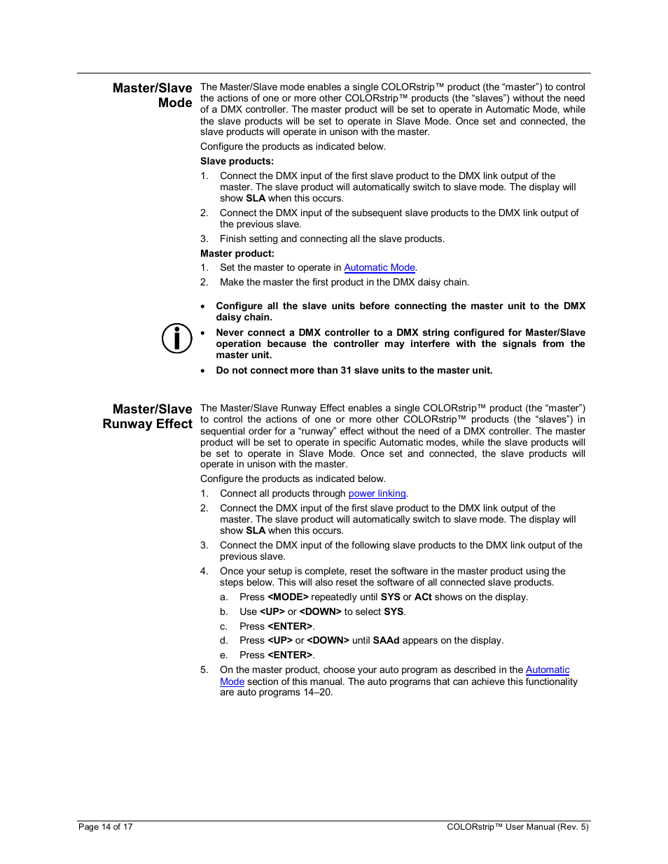 Master/slave mode, Master/slave runway effect | Chauvet COLORstrip User Manual | Page 14 / 17