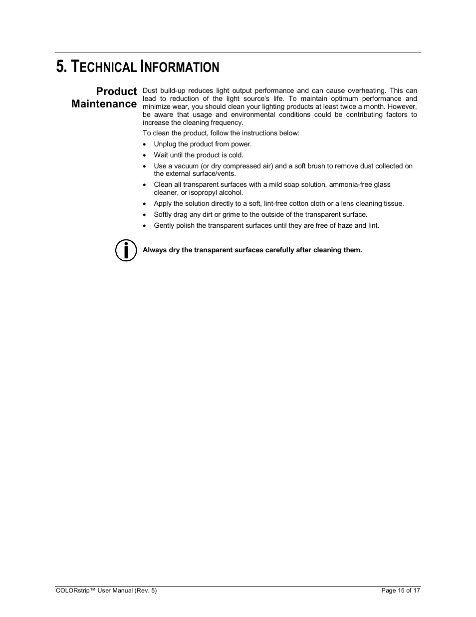 Echnical, Nformation, Product maintenance | Chauvet COLORstrip User Manual | Page 15 / 17