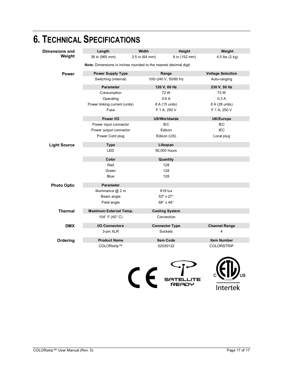 Echnical, Pecifications | Chauvet COLORstrip User Manual | Page 17 / 17