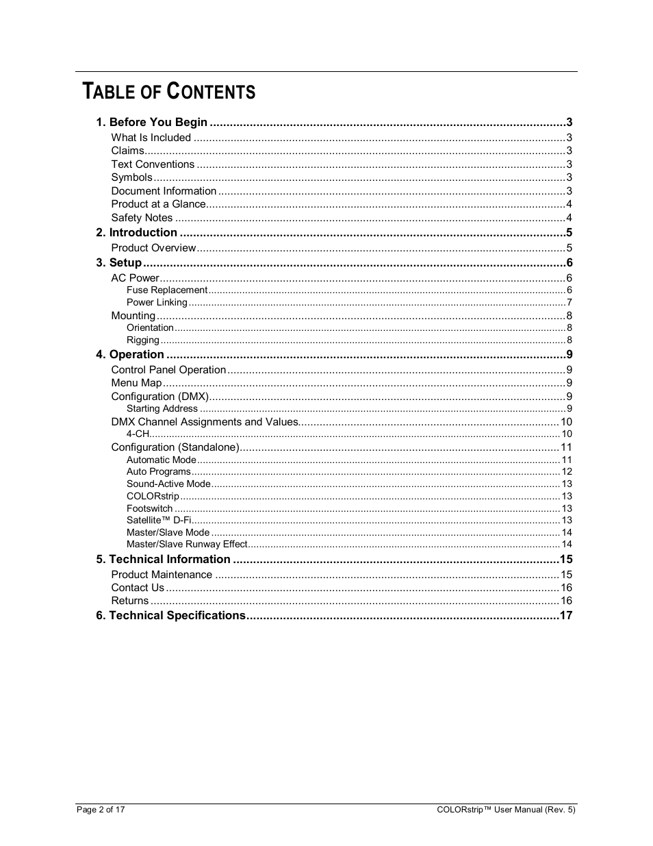 Able of, Ontents | Chauvet COLORstrip User Manual | Page 2 / 17