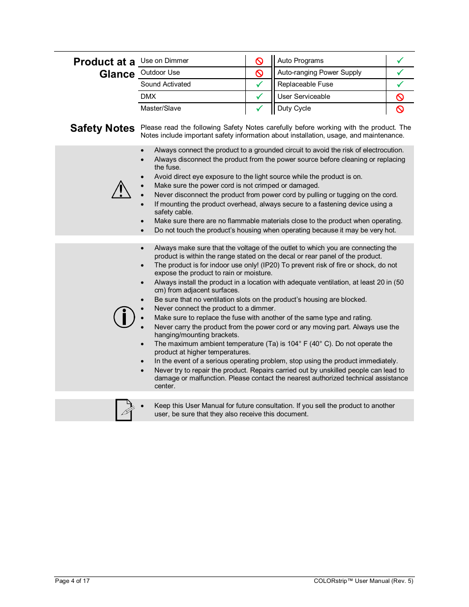 Product at a glance | Chauvet COLORstrip User Manual | Page 4 / 17