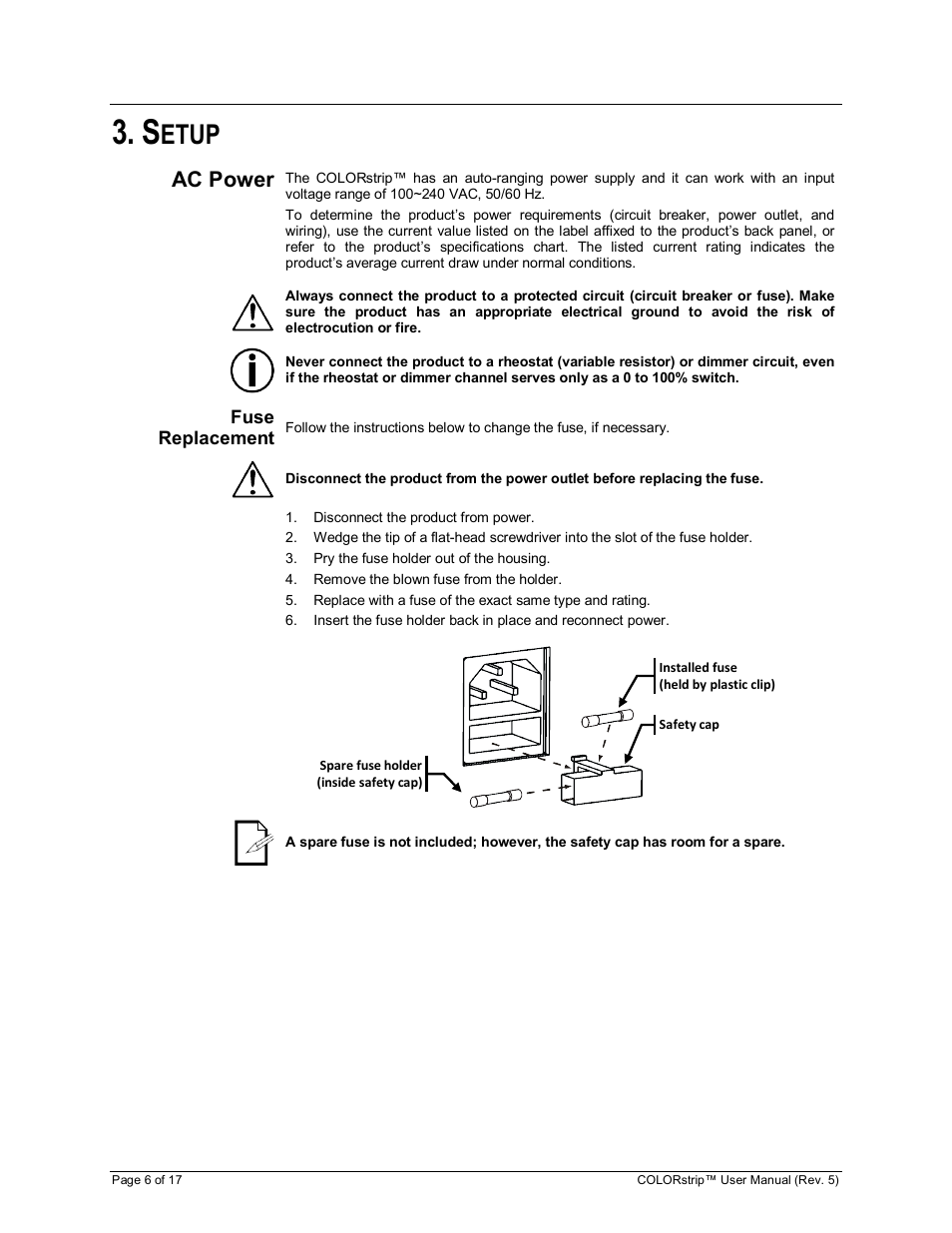 Etup, Ac power, Fuse replacement | Chauvet COLORstrip User Manual | Page 6 / 17