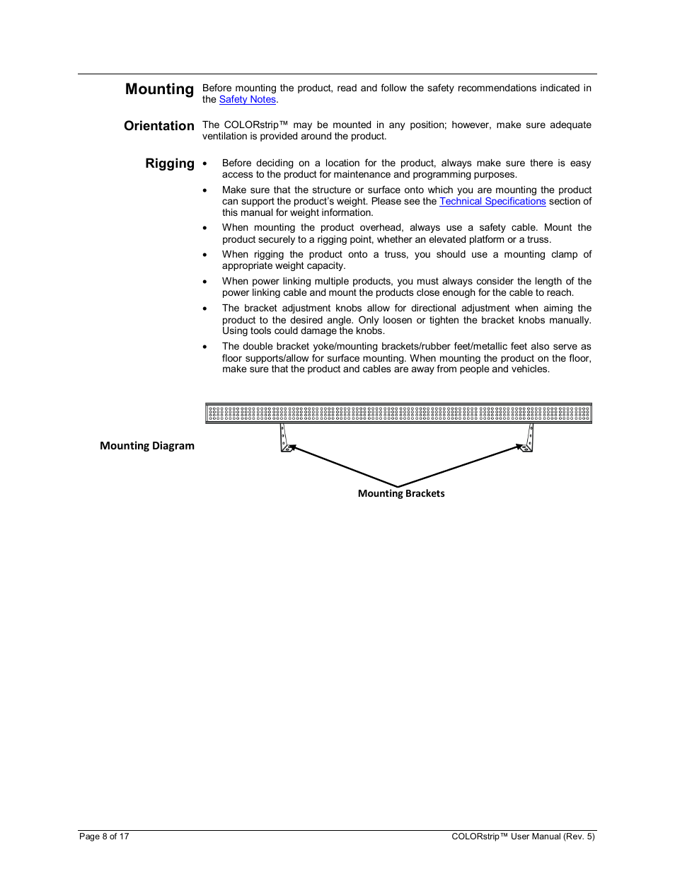 Mounting, Orientation, Rigging | Mounting diagram | Chauvet COLORstrip User Manual | Page 8 / 17