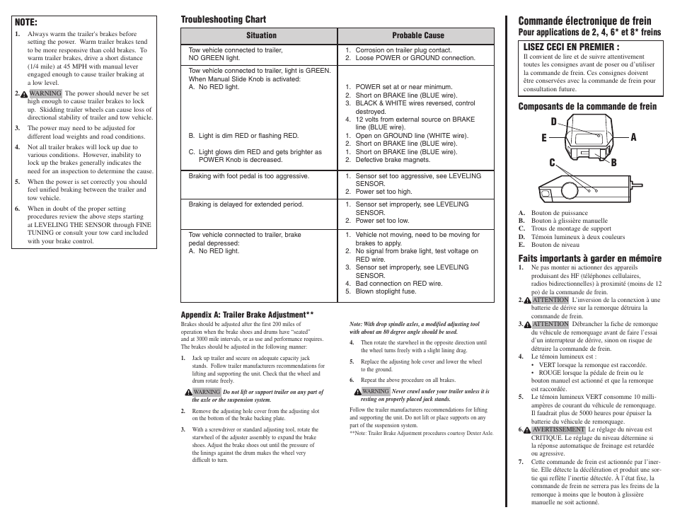 Commande électronique de frein, De b a c | Tekonsha Voyager User Manual | Page 2 / 6