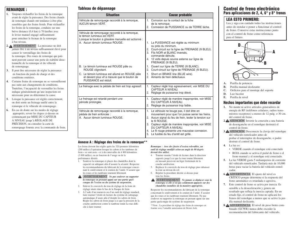 Control de freno electrónico, De b a c, Remarque | Tableau de dépannage, Para aplicaciones de 2, 4, 6* y 8* frenos, Hechos importantes que debe recordar, Lea esto primero | Tekonsha Voyager User Manual | Page 4 / 6