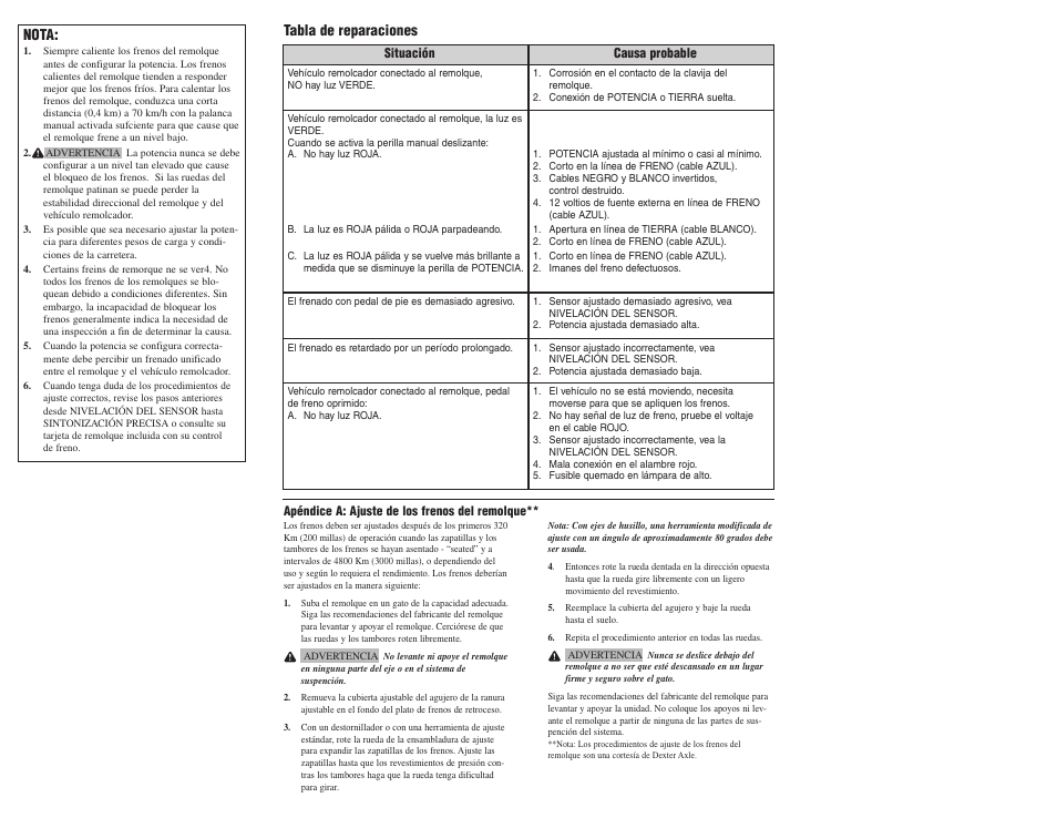 Nota, Tabla de reparaciones | Tekonsha Voyager User Manual | Page 6 / 6