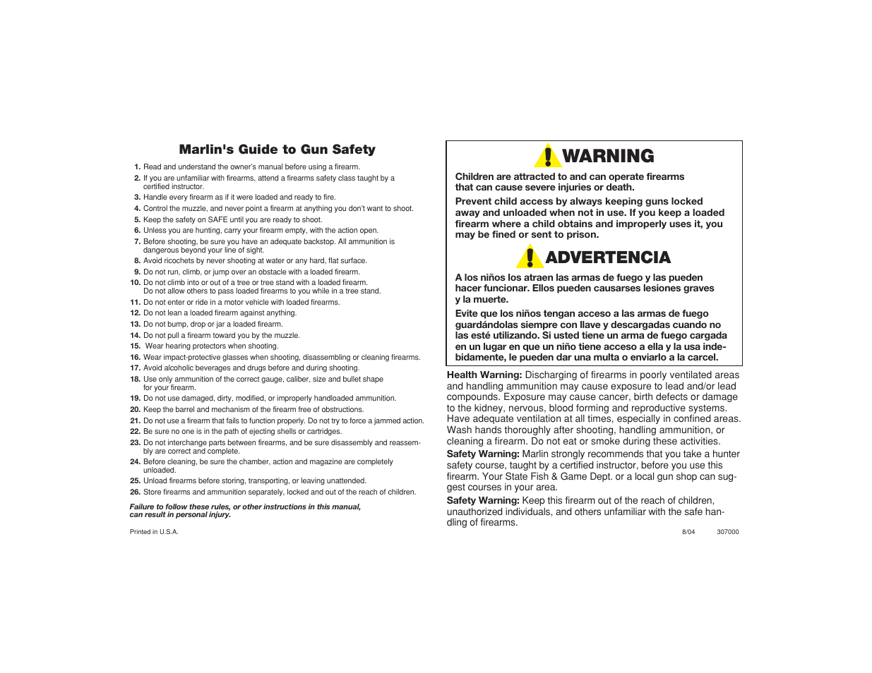 Warning, Advertencia, Marlin's guide to gun safety | Marlin model 60 User Manual | Page 12 / 14