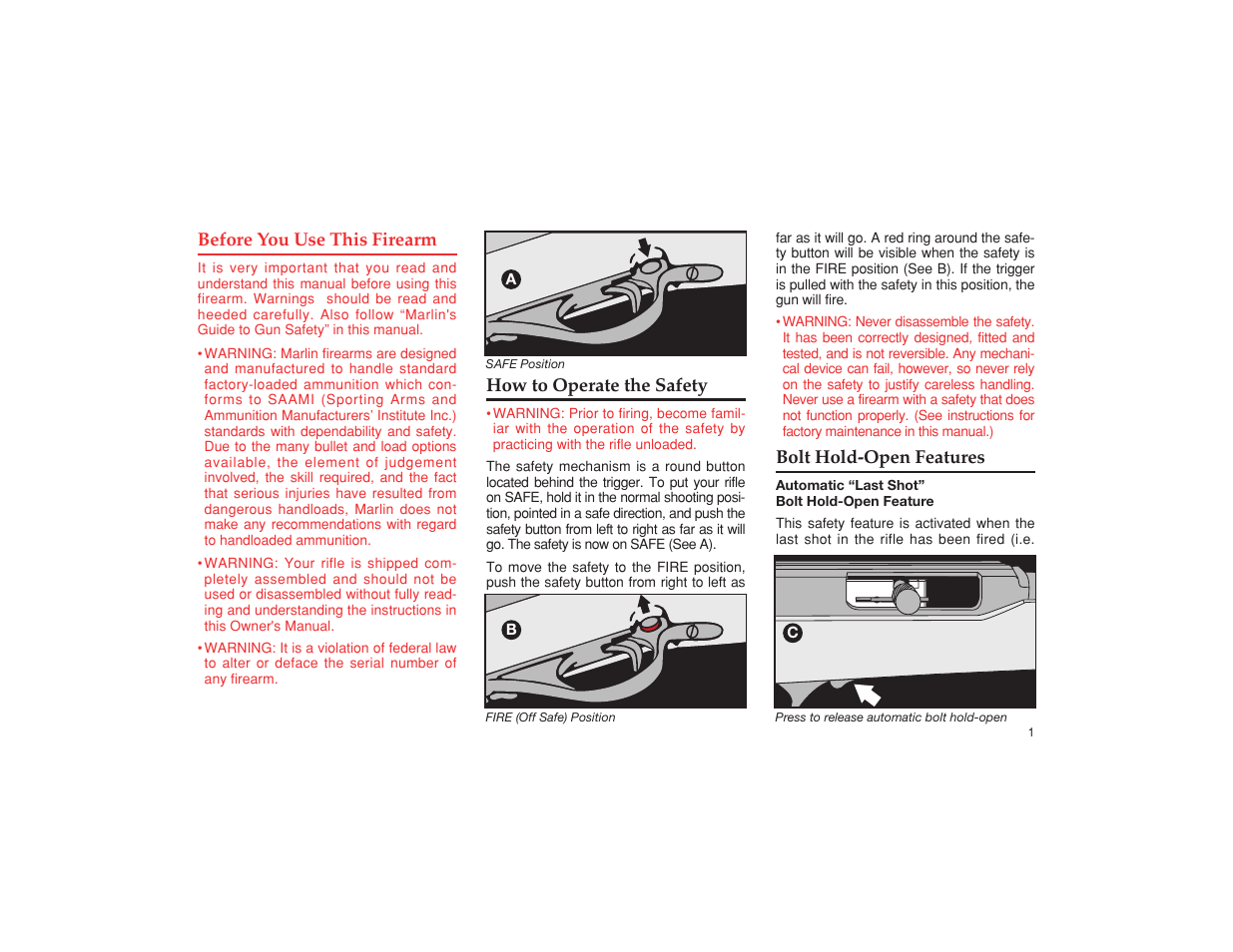 Before you use this firearm, How to operate the safety, Bolt hold-open features | Marlin model 60 User Manual | Page 3 / 14
