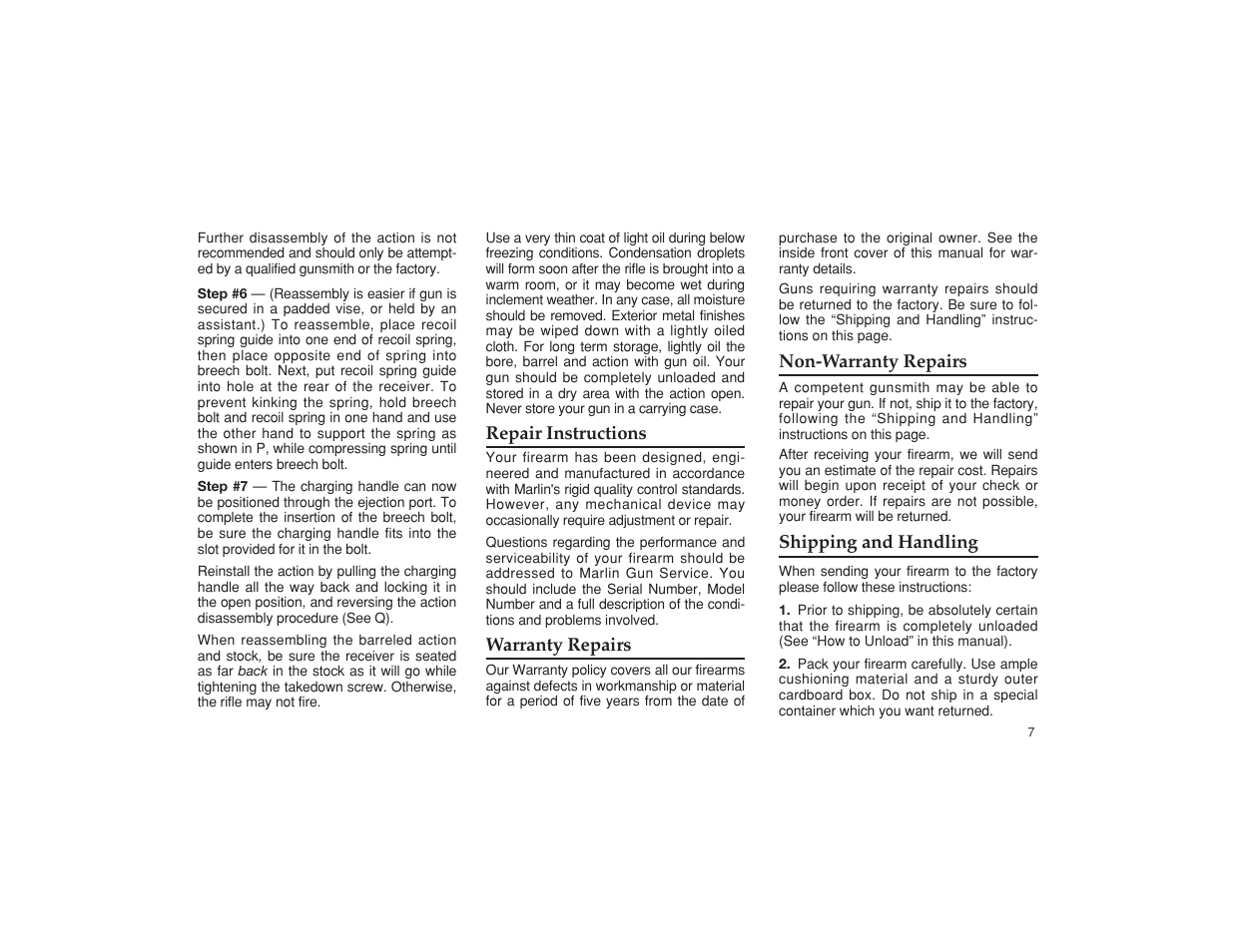 Non-warranty repairs, Shipping and handling, Repair instructions | Warranty repairs | Marlin model 60 User Manual | Page 9 / 14