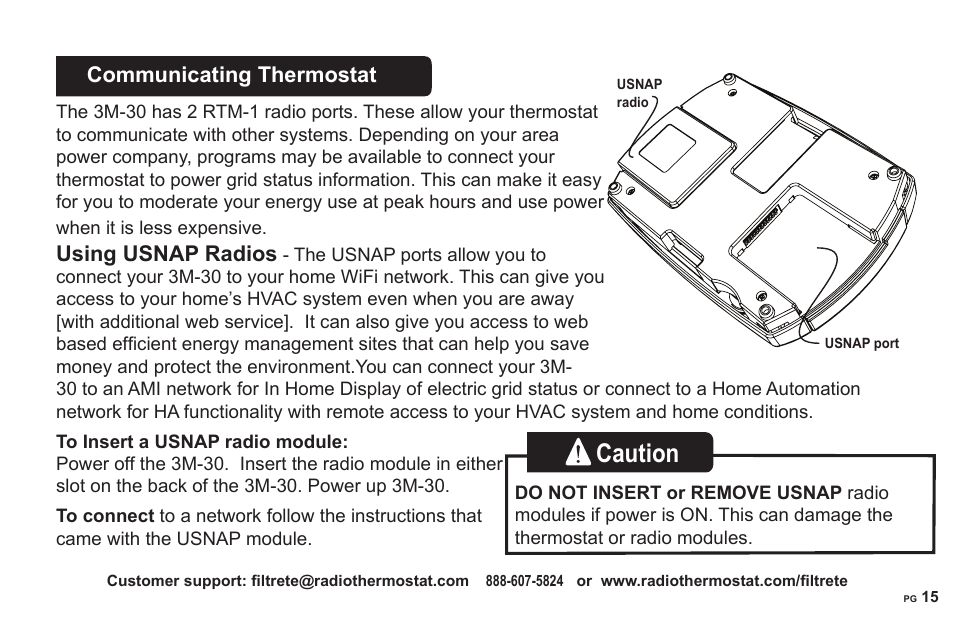 Caution, Communicating thermostat, Using usnap radios | 3M 30 User Manual | Page 15 / 15