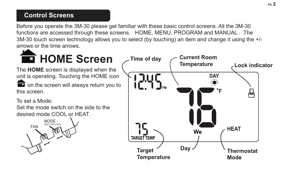 Home screen, Control screens | 3M 30 User Manual | Page 2 / 15