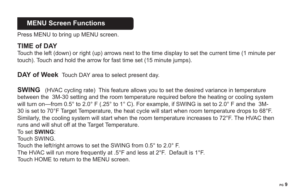 Menu screen functions, Time of day, Day of week | Swing | 3M 30 User Manual | Page 9 / 15